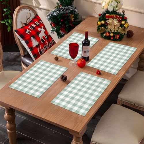 Sage Green Gingham Party Placemats Green and White Checkered Plaid Table Mats for Birthday Bridal Baby Shower Party Dining Table Decorations (12" x 18") - size: 12" x 18"