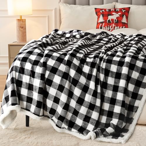 BEAUTEX Christmas Sherpa Fleece Throw Blanket Soft Warm Buffalo Plaid | Plush Blanket & Throw, Winter Cozy Fuzzy for Couch, Sofa, Bed (Black, 50" x 60") - color: Black, size: Throw-50"x60"