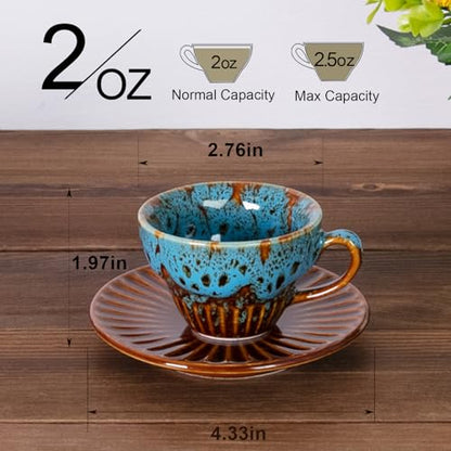 2 oz Espresso Cups Set of 2, Ceramic Cappuccino Cups with Saucers, Durable Porcelain Tea Set & Modern Coffee Cup Collection, Coffee Lover Gifts