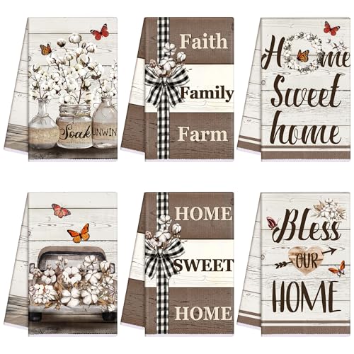 TecUnite 6 Pcs Farmhouse Rustic Kitchen Towels Farm Cotton Dish Towels Decorative Vintage Hand Towel for Cleaning Drying Wiping Tasks Women Mom Gifts Home Living Room Decor - color: Stylish Color