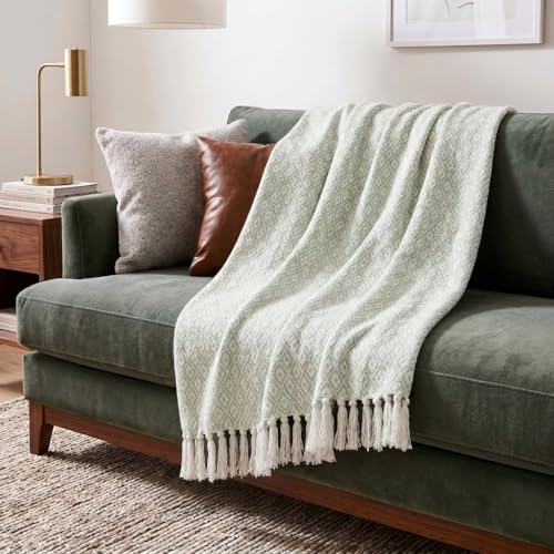 Americanflat 50x60 Throw Blanket - Soft and Breathable Cotton Throw Blanket for Couch, Bed, Chair - Decorative Blankets Perfect for Home or Outdoor Use - Light Green and White Mini Diamond Design - color: Omala Seafoam and White Mini Diamond