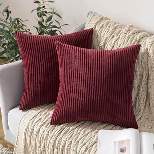 18x18 Throw Pillow Covers Pack of 2, Soft Corduroy Striped Boho Throw Pillow Covers,Cushion Case,Decorative Pillow Covers for Living Room Home Decor Cushion Farmhouse - color: Wine Red