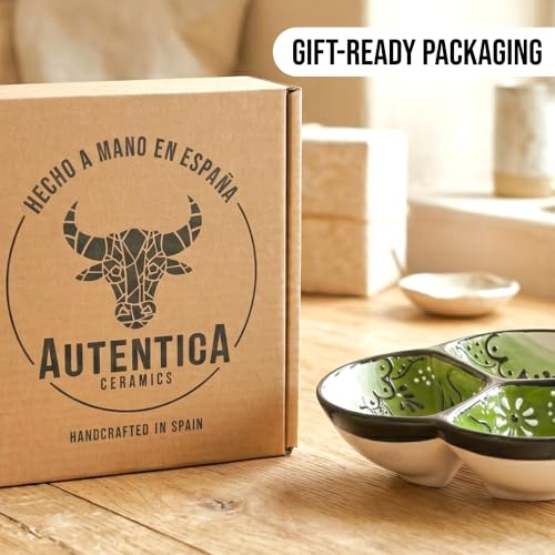 3-Compartment Ceramic Serving Dish, Handmade in Spain | 7.5” divided chip and dip bowl with lead-free glaze, microwave, oven and dishwasher safe, ideal for tapas, snacks and sauces - color: Onyx Green