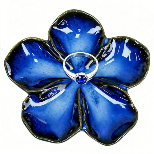 SEEDUSTRY Ceramic Jewelry Tray, Petal Ring Dish, Small Ceramic Jewelry Trinket Holder, Desktop Decoration, Dainty‌ Plate for Rings, Earrings, Necklace, Gifts for Mother Girlfriend Daughter Sister - color: Ink Blue