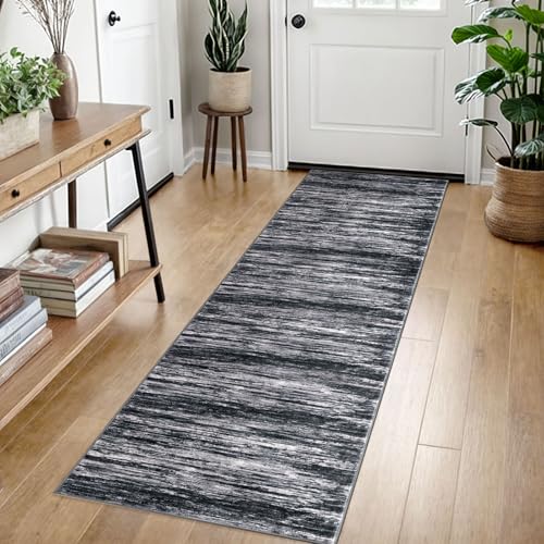SIILOOM 2x7 Washable Runner Rug, Non Slip Soft Area Rug for Hallway Kitchen | Black/White Modern Abstract Spill & Stain Resistant Low Pile Carpet for Entryway Office Laundry Bedroom, Easy Clean - color: Black/White, size: 2' x 7' (Runner)