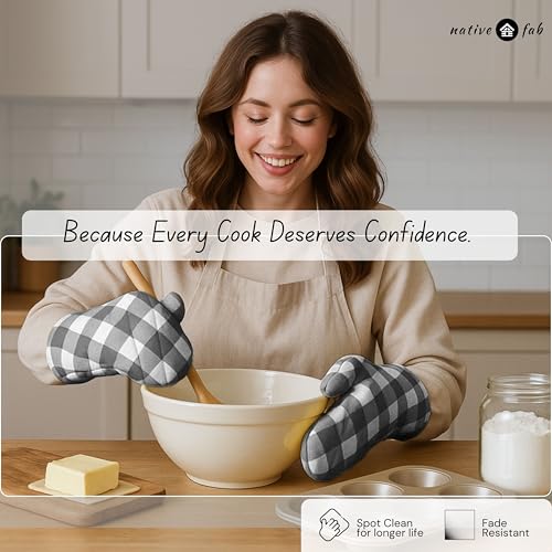 Native Fab Buffalo Plaid Check Oven Mitts and Pot Holders Set of 4, 100% Cotton Heat Resistant Kitchen Gloves, 2 Oven Mitts (7x13), 2 Pot Holders (8x8) for Cooking & Baking, Steel Grey White - color: Buffalo, Dark Grey