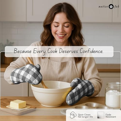 Native Fab Buffalo Plaid Check Oven Mitts and Pot Holders Set of 4, 100% Cotton Heat Resistant Kitchen Gloves, 2 Oven Mitts (7x13), 2 Pot Holders (8x8) for Cooking & Baking, Steel Grey White - color: Buffalo, Dark Grey