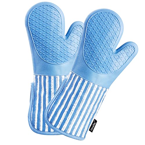 Alselo Silicone Oven Mitts Heat Resistant 932℉ with Waterproof & Non-Slip | Kitchen Mittens Set of 2,Extra Long Oven Gloves with Soft Cotton Terry Lining for Baking Cooking Barbecue (Blue,2) - color: Blue