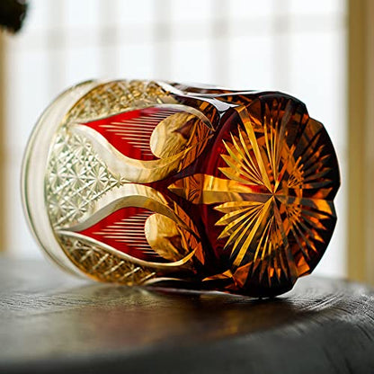 JINZHI Japanese Style Whiskey Glasses-Luxurious 8 oz Amber Red Scotch Glasses -Hand Blown Crystal-Thick Weighted Bottom Rocks Glasses