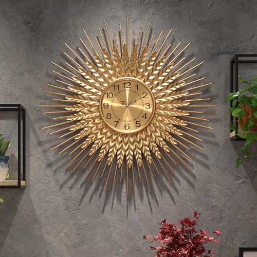 Large Mid Century Gold Wall Clock Decorative Modern Sunburst Wall Clocks, Metal Big Silent Non-Ticking Clock, Luxury Home Gift Decor for Living Room, Bedroom, Dining Room, 24 inch - size: 3. Gold-Wheat(Dismountable-60cm)