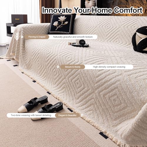 ROOMLIFE Couch Cover 3 Cushion Sofa, Washable Non Slip Furniture Sofa Protector Cover, Soft Chenille Sofa Slipcovers Sectional L Shape Dogs Couch Cover Throw Blanket with Tassels 71''X118'' - color: Hg01#beige, size: Large（71*118IN）