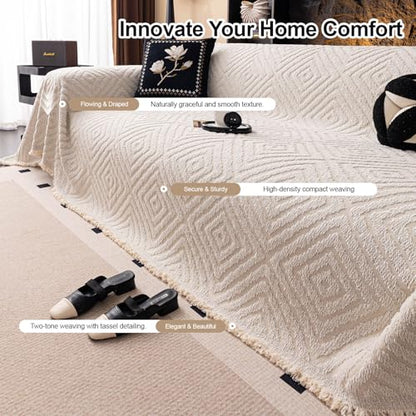 ROOMLIFE Couch Cover 3 Cushion Sofa, Washable Non Slip Furniture Sofa Protector Cover, Soft Chenille Sofa Slipcovers Sectional L Shape Dogs Couch Cover Throw Blanket with Tassels 71''X118'' - color: Hg01#beige, size: Large（71*118IN）