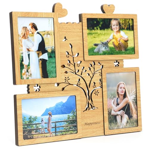 4x6 Collage Picture Frame Tabletop with 4 Opening,4x6 Family Tree Photo Frames Multiple for Desktop Display Wall Hang, Mother's Day Picture Frame Gifts for Mom Grandma Gift - color: Light Brown- Tree