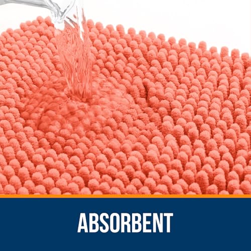 OLANLY Chenille Bathroom Mat and Toilet Rugs U-Shaped, Bath Mat Size 30x20 and Bathroom Rugs Sets Size 30x20+24x20 in Coral, 3 Item Bundle