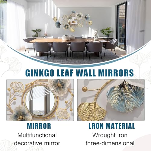 Metal Wall Mirrors Decor, 59" x33” Large Ginkgo Leaf Wall Art | Decorative Wall-Mounted Mirror, 3D Creative Modern Ginkgo Leaves Flower Big Wall Hanging Mirror, for Living Room (59X33 Inch)
