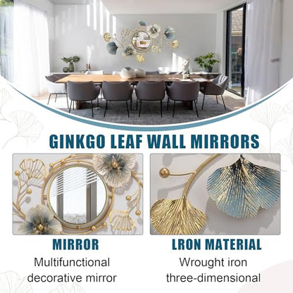 Metal Wall Mirrors Decor, 59" x33” Large Ginkgo Leaf Wall Art | Decorative Wall-Mounted Mirror, 3D Creative Modern Ginkgo Leaves Flower Big Wall Hanging Mirror, for Living Room (59X33 Inch)