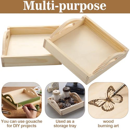 Ferrochef 12 Pcs Unfinished Wooden Trays for Crafts, 5.9 Inch Mini Square Pine Wood Trays with Handles, Blank Wood Serving Tray for DIY Painting, Party Favors, Home Decor
