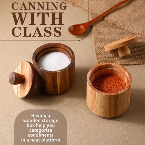 2 Pcs Wooden Pepper Salt Box Cellar with Lid Set Rustic Pepper Holder Condiment Pots Small Salt Keeper for Kitchen Spice Sugar Trinket Gift, 3.35 x 2.95 Inch