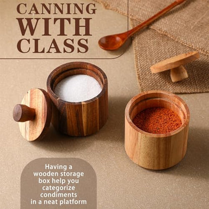 2 Pcs Wooden Pepper Salt Box Cellar with Lid Set Rustic Pepper Holder Condiment Pots Small Salt Keeper for Kitchen Spice Sugar Trinket Gift, 3.35 x 2.95 Inch