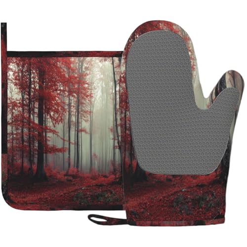 Forest Oven Mitts and Pot Holders Sets Red Trees Landscape Silicone Heat Resistant Kitchen Oven Gloves Pot Holder for Cooking Baking Grilling BBQ - color: Forest