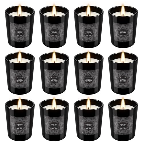 12-Pack Scented Candles Gift Set, 2oz Soy Wax Aromatherapy Candles with 6 Assorted Fragrances, Hand Poured Natural Essential Oil Jar Candles for Home Office Yoga Decor, Birthday Christmas Mother's Day - color: 12Pack-Black