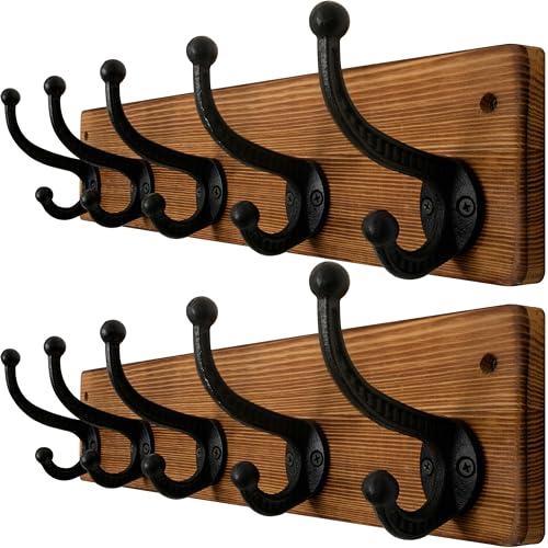 WEBI Rustic Coat Rack Wall Mount,5 Cast Iron Coat Hooks Wall Mounted,Heavy Duty Wall Coat Hanger Hooks for Hanging Coats,Clothes,Brown,2 Packs - color: Brown, size: 17 Inch(2 Packs)