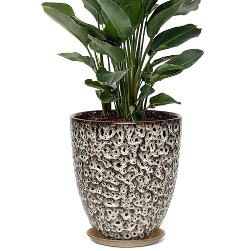 9.5 Inch Modern Ceramic Plant Pot with Saucer, Flower Pot with Drainage Hole Mesh Net,Indoor Outdoor Planter (Speckle White) - color: Peacock White, size: 9.5 Inch