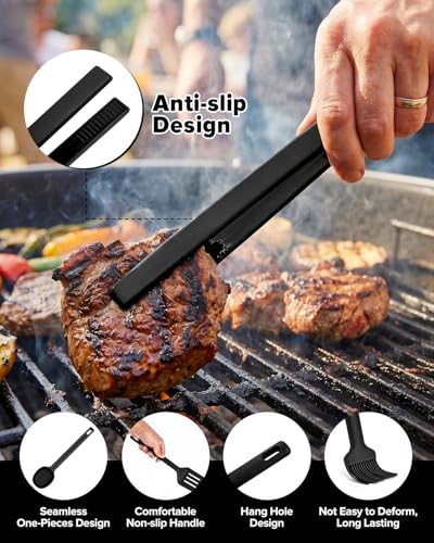 Silicone Kitchen Utensils Set, Heat Resistant Cooking Utensil with Spoon, Scraper, Spatula, Basting Brush & Tongs, BPA-free Non-stick Cookware for Frying, Basting, Serving, Grilling (6 Pack) (BLACK) - color: Black