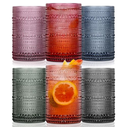 GGOLDMER Colored Hobnail Drinking Glasses Set of 6, 12oz Vintage Highball Glasses, Kitchen Glassware, Beaded Glass Cups for Iced Coffee, Cocktail, Beer, Juice, Cocktail, Whiskey, Milk