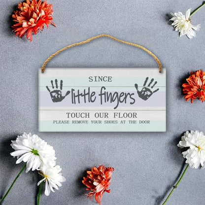 Please Remove Shoes Sign - 12in Wooden Door Hanger for Front Door - color: Blue Wood-Since Little Fingers