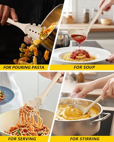 Silicone Pasta Fork and Soup Ladle Set, Heat Resistant Non Stick Kitchen Utensils with Back Hooks, Suitable for Cooking, Stirring, Serving Spaghetti, Soup, Sauce(KHAKI) - color: Khaki
