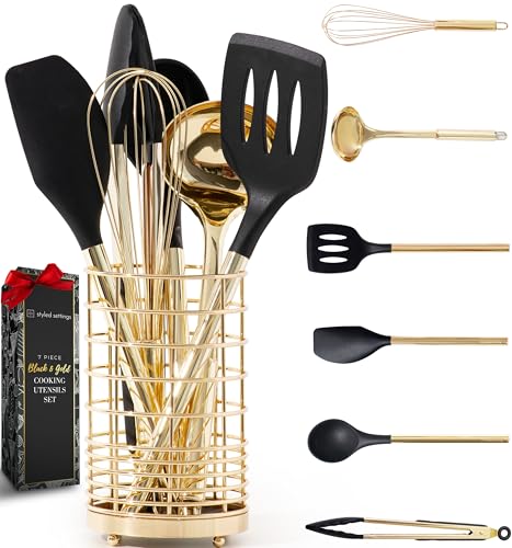 Styled Settings Black and Gold Cooking Utensils Set, 7-Piece, Black & Gold | Nonstick Silicone Cooking Utensils Set with Gold Utensil Holder, White and Gold Kitchen Accessories for Modern Kitchens - color: 7 Piece Black & Gold