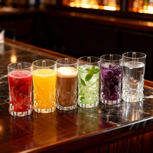 Tall Highball Glasses Set Of 6 - Elegant Tom Collins Glasses - Textured Designer Glassware Set For Whiskey,Drinks, Water, Beer, Soda 10 Oz