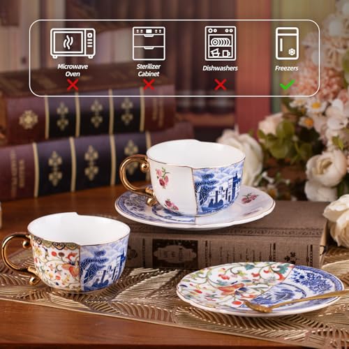KAMMAK Tea Cups and Saucers Set of 2, Fine Bone China Coffee Cups, 582N | Stackable Espresso Mugs, Ceramic Demitasse for Coffee, Cappuccino, Latte, Americano, Tea - size: 7KPSP582N+583N
