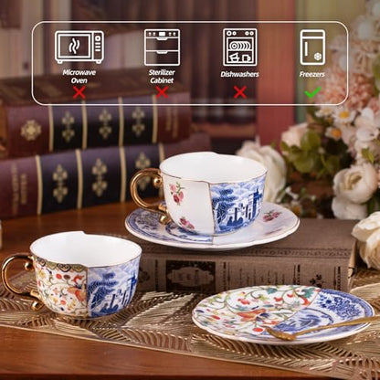 KAMMAK Tea Cups and Saucers Set of 2, Fine Bone China Coffee Cups, 582N | Stackable Espresso Mugs, Ceramic Demitasse for Coffee, Cappuccino, Latte, Americano, Tea - size: 7KPSP582N+583N