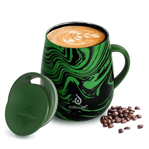 Ideus 16 oz Insulated Coffee Mug with Handle and Lid, Double Wall Stainless Steel Vacuum Thermal Coffee Mug, Travel Coffee Cup Thermal Cup for Home and Office (Green Zebra, FUJI DAWN) - color: Green Zebra