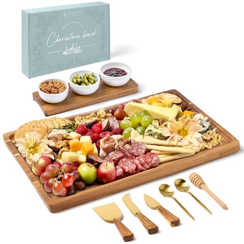 Charcuterie Boards Set - Acacia Cheese Board for Serving with Accessories - House Warming Gifts for New Home, Bridal Shower & Wedding Gift, Birthday Gifts for Women - color: Acacia