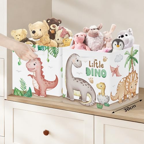 Clastyle 11.8" Dinosaur Storage Basket Set of 3 for Kid Boy Toy Clothes Bin | Collapsible Fabric Book Bin, Metal Frame Bottom Board, Cube Organizer, Closet Nursery Pantry Shelf Bedroom, Boho Brown Dino - color: Brown