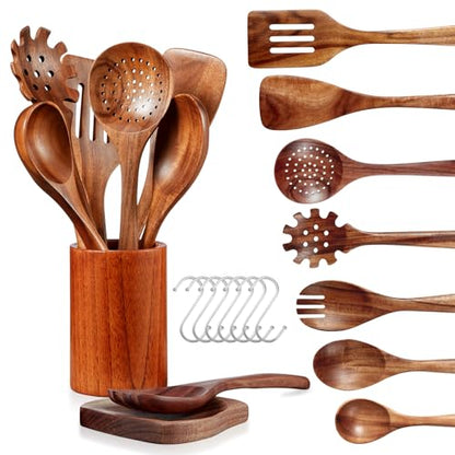 Wooden Kitchen Utensil Set,10 Piece Natural Teak with Spoon Rest & Hooks | Wooden Cooking Utensils with Comfort Grip, Smooth Durable Heat Resistant Cooking Spoons and Utensils Holder for Cooking