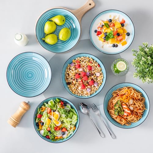 vancasso Bonbon Pasta Bowls Set of 6, 38 Oz Ceramic Salad Bowls, Wide and Shallow Bowls Set, Large Serving Bowls for Kitchen, Blue - color: Blue, size: 38 Oz
