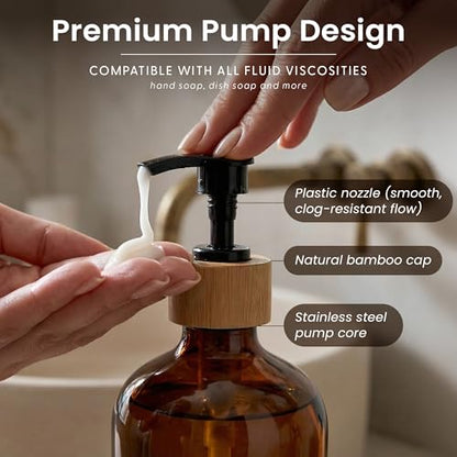 MaisoNovo Glass Dish Soap Dispenser for Kitchen Set of 2-16.9oz Amber Dish and Hand Soap Dispenser Set for Kitchen - Amber Glass Bottles x 2 with Black Bamboo Pumps & Tray - color: Amber Bottles/Black Bamboo Pumps