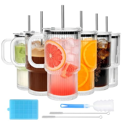 Accguan 6Pack 20oz Ribbed Glass Tumbler with Handle, Straw and Lid | Glass Cup, Reusable lced Coffee Cups with lids for Smoothie,Coffee,Juice,Tea,Travel Mug,Cold & Hot Beverages - size: 20oz with handle-6pcs