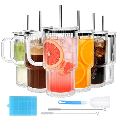 Accguan 6Pack 20oz Ribbed Glass Tumbler with Handle, Straw and Lid | Glass Cup, Reusable lced Coffee Cups with lids for Smoothie,Coffee,Juice,Tea,Travel Mug,Cold & Hot Beverages - size: 20oz with handle-6pcs