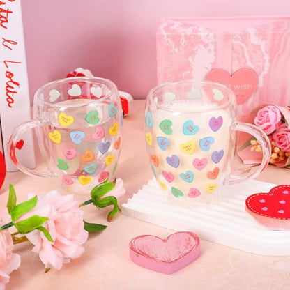 JarThenaAMCS Valentine' s Day Double Wall Glass Coffee Mugs Insulated Glasses 12Oz Candy Conversation Heart Clear Espresso Cups with Handle for Home Holiday Supplies, Set of 2 - style: Pastel Conversation Heart