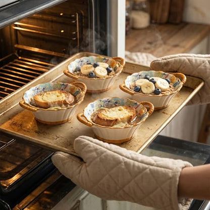 Floral Ceramic Soup Bowls with Handles Set of 2, 20 oz, 7.5 Inch | Floral soup bowls with handles for soup, chili, cereal and baked dishes; wide mouth, oven, microwave and dishwasher safe.