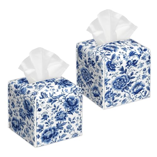 2 Pcs Tissue Box Cover Square Leather Tissue Case Holder Facial Paper Organizer Decorative for Bathroom Kitchen Car Office Home Decor (Watercolor Blue Floral) - color: Watercolor Blue Floral