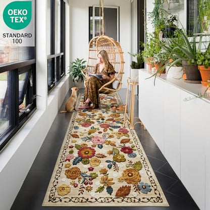 Washable 2.6x8 Runner Rug, Beige Boho Floral Non-Slip for Hallway, Kitchen | Soft Low-Pile Faux Wool Area Rug for Bedroom, Nursery, Bathroom, Laundry, Kid & Pet Friendly, Stain, Fade & Wear Resistant - color: Beige, Cream, Mustard, Brick Red and Blue, siz