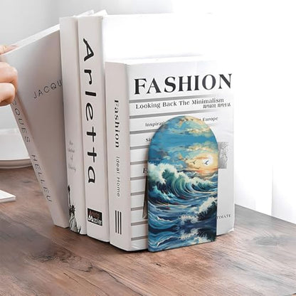 Wave Sailboat Seagull Wooden Bookends - Office Book Storage Rack, Non-Slip, Suitable for Study Room, Classroom and Library