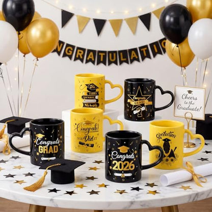 Pickmesh Graduation Coffee Mug Set of 6, 10 oz Ceramic Enamel Cups with Heart Handle, Black Gold Congrats Designs Class of 2026 Drinkware for Grad Gifts & Graduation Party Supplies - color: Black/Gold, style: Graduation
