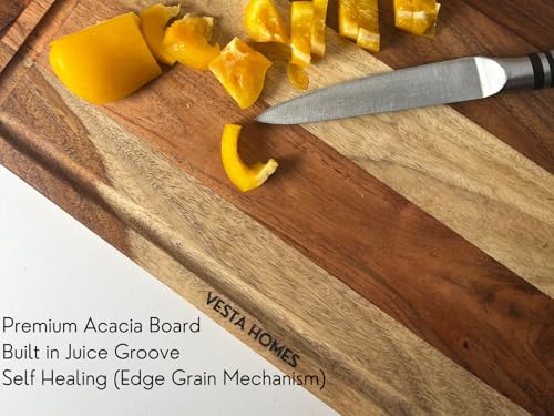 Vesta Homes Wooden Edge Grain Cutting Board/Chopping, Serving Board/Block for Vegetables, Fruits, Cheese and Charcuterie | Natural Acacia Wood | 15 * 10 * 1 Inches | Handcrafted in India - size: 15"L x 10"W